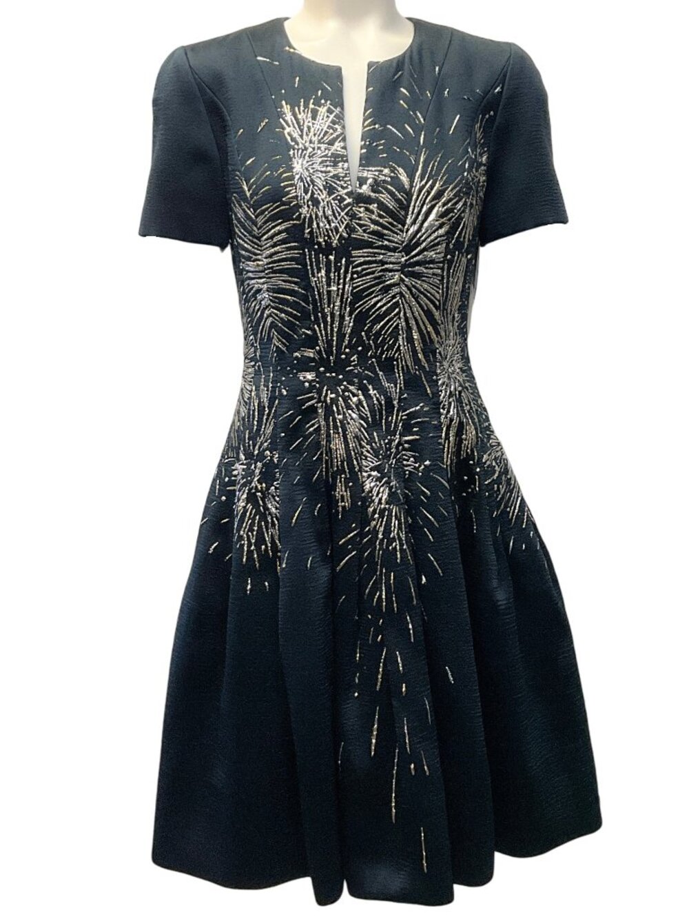 Oscar de la Renta Navy Blue Pleated Metallic Jacquard Dress with Gold Firework E